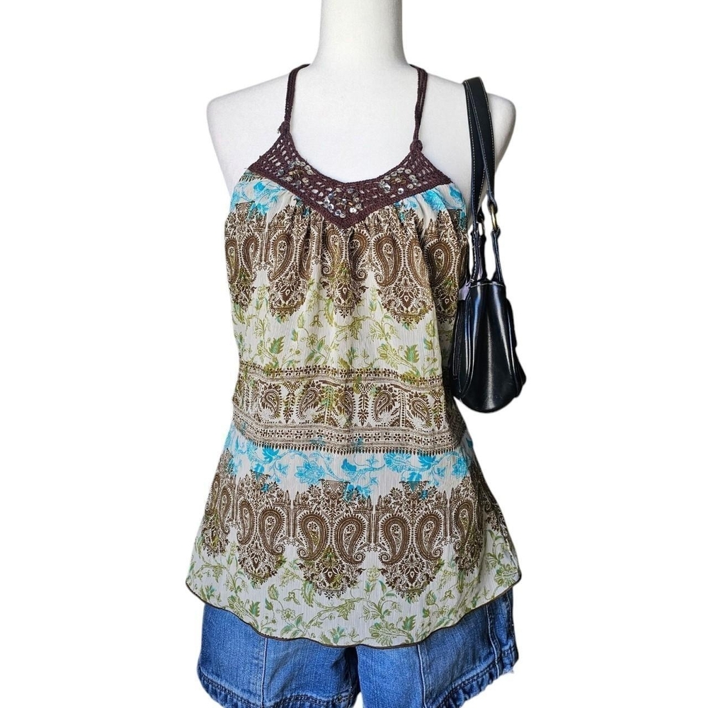 Y2k Brown Paisley Crochet Halter - Large